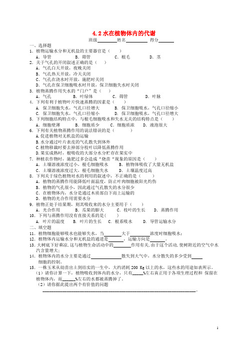 八年级科学上册 4.2 水在植物体中的代谢同步自测 (新版)华东师大版