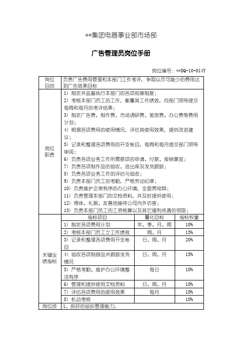 各部门KPI汇总--电器事业部市场部广告管理员 岗位管理守则(doc)