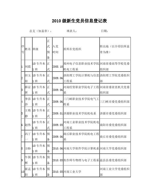 2010新生党员信息登记表