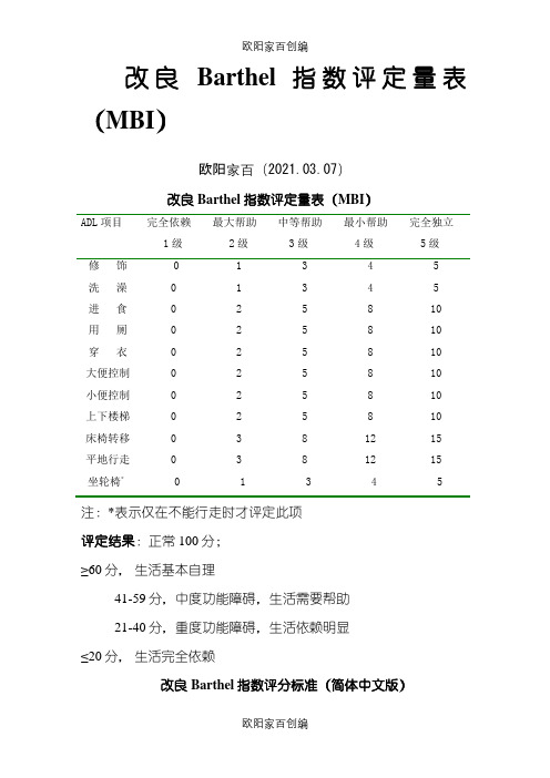 改良Bathel指数评分标准之欧阳家百创编