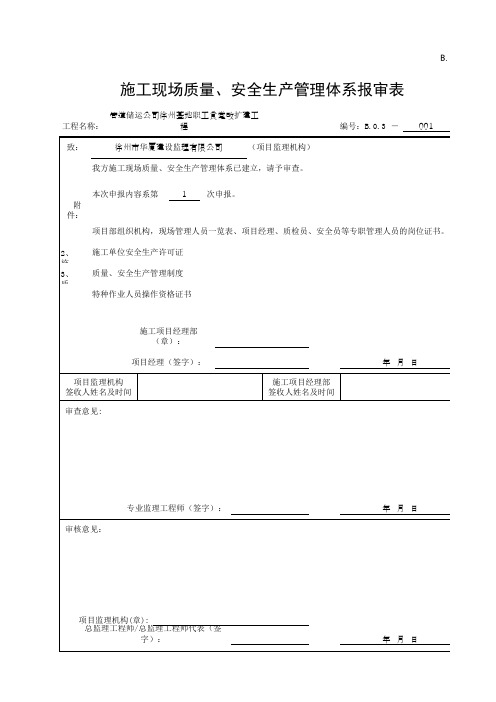 施工现场质量、安全生产管理体系报审表