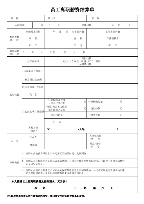 员工离职薪资结算单(模板)