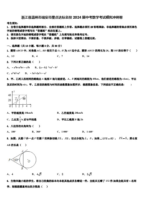 浙江省温州市瑞安市重点达标名校2024届中考数学考试模拟冲刺卷含解析