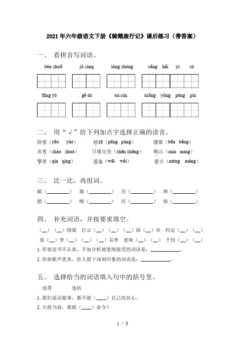 2021年六年级语文下册《骑鹅旅行记》课后练习(带答案)