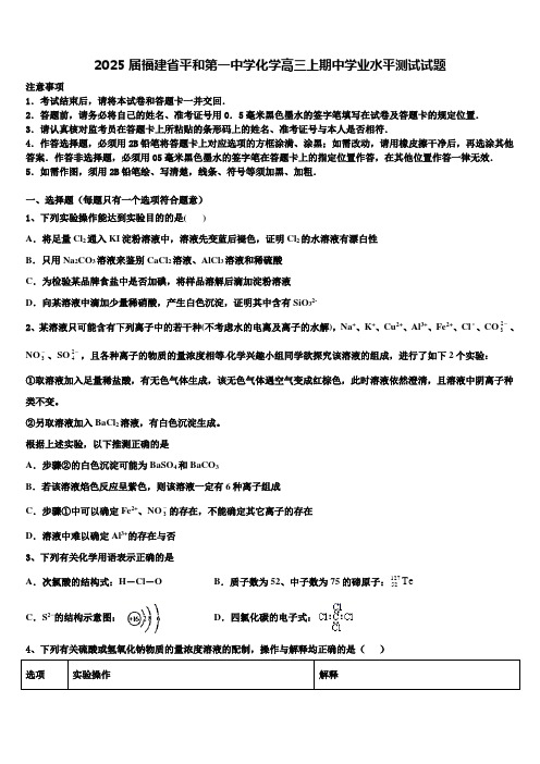 2025届福建省平和第一中学化学高三上期中学业水平测试试题含解析