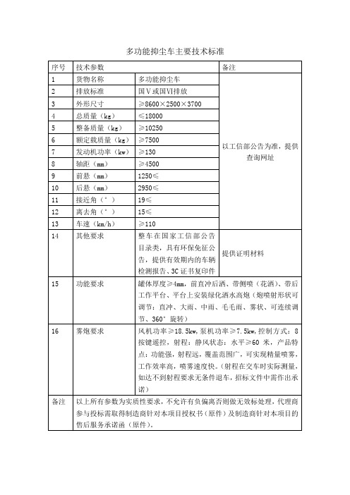 多功能抑尘车主要技术标准