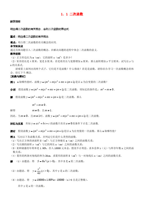 九年级数学下册1_1二次函数教案新版湘教版