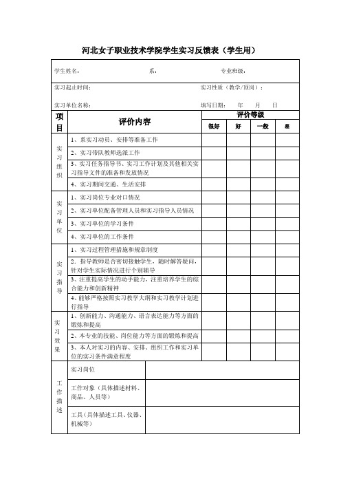 河北女子职业技术学院学生实习反馈表(学生用)