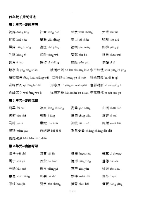 人教版小学语文四年级下册词语表(带拼音)