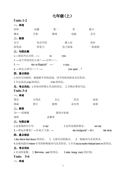 人教版中考英语七年级上册units1-6