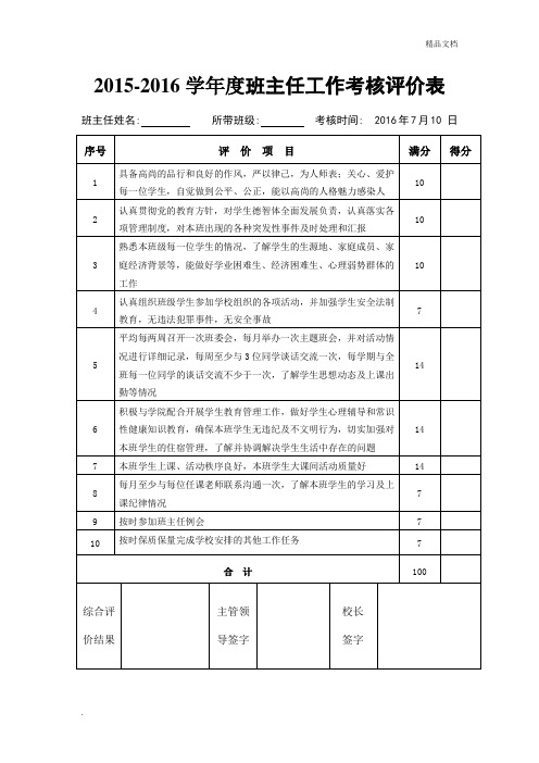 班主任工作评价表