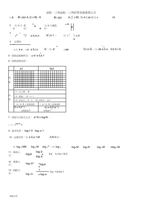 高中数学函数、三角函数、三角恒等变换公式