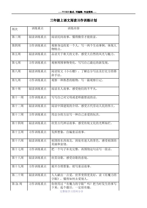 三年级上语文阅读习作训练计划