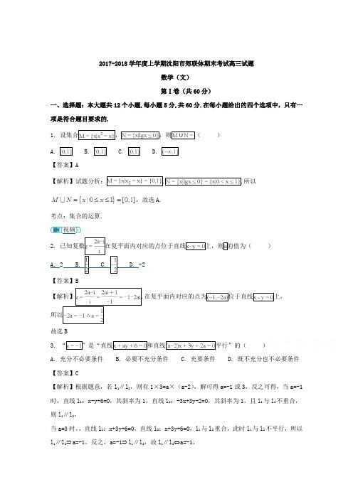 辽宁沈阳市郊联体高三上学期期末考试文数试题含解析