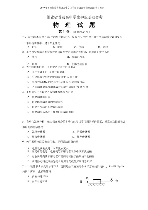 2019年6月福建省普通高中学生学业基础会考物理试题（含答案）