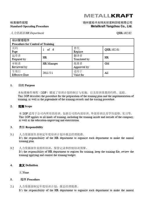QHR.102.02-Procedure for Control of Trainin-培训管理程序