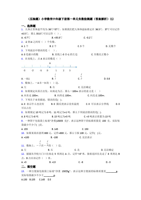 (压轴题)小学数学六年级下册第一单元负数检测题(答案解析)(1)