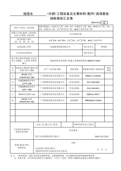 给排水进场复验抽检报告汇总表