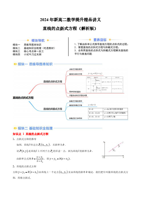 2024年新高二数学提升精品讲义直线的点斜式方程(思维导图+2知识点+4考点+过关检测)(解析版)