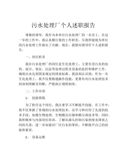 污水处理厂个人述职报告