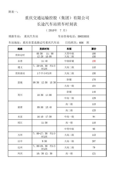 重庆汽车站(菜园坝)班车时刻表