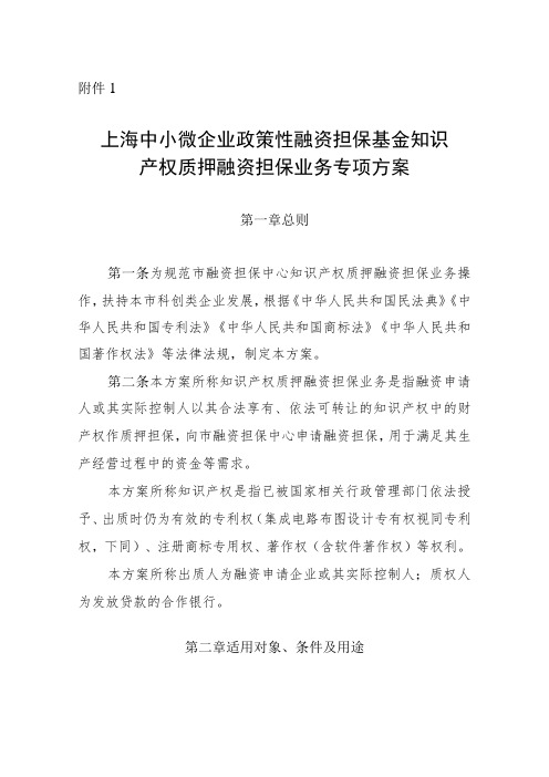 上海中小微企业政策性融资担保基金知识产权质押融资担保业务专项方案