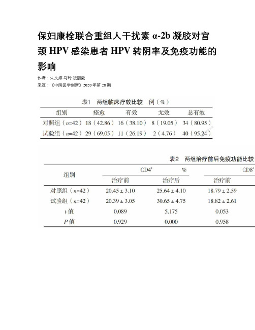 保妇康栓联合重组人干扰素α-2b凝胶对宫颈HPV感染患者HPV转阴率及免疫功能的影响