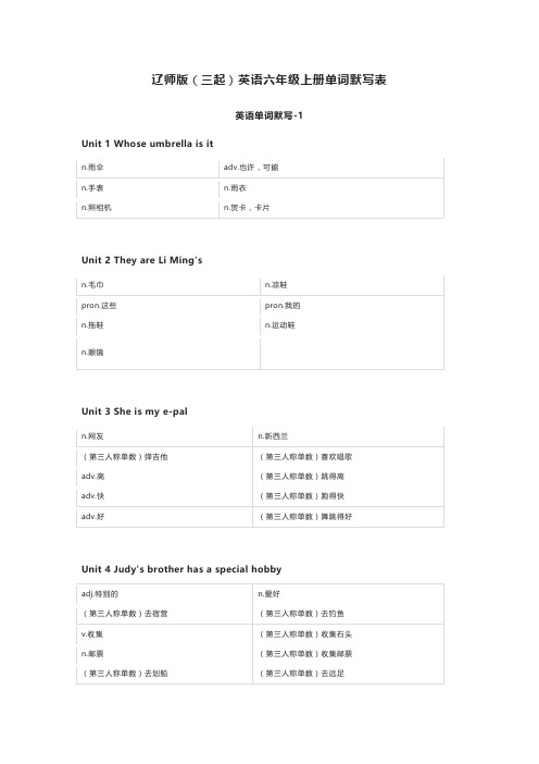 辽师版(三起)英语六年级上册单词默写表