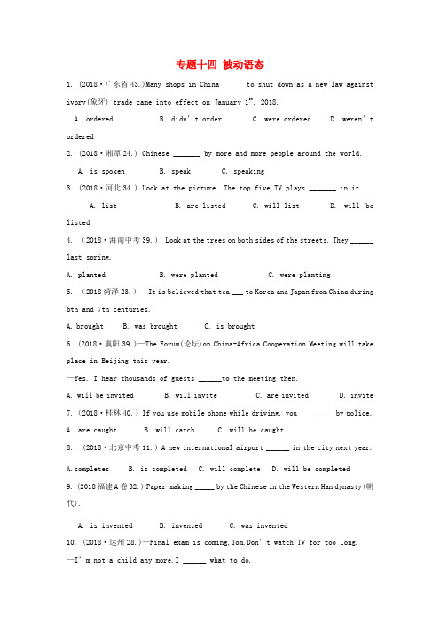 2019年中考英语复习分类汇编小题狂做专题十四被动语态