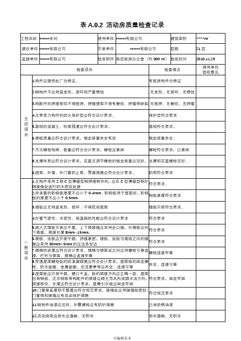 临时设施活动板房验收记录表完整版本