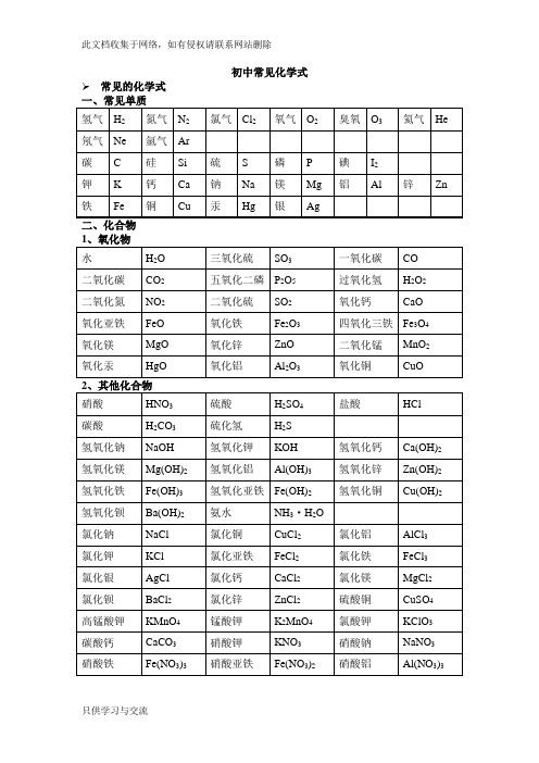 初中常见化学式大全63224