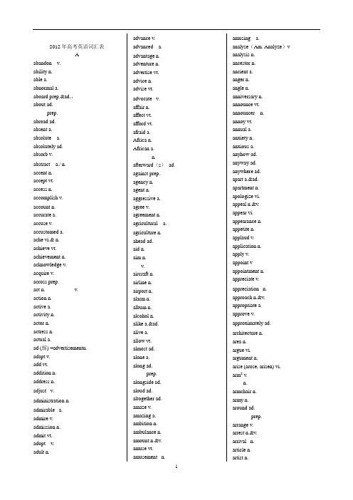 2012年浙江高考英语词汇表(全)含新增词汇(中文版)