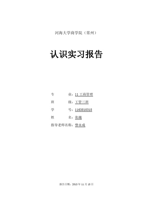 河海大学常州校区商学院工商管理专业实习报告