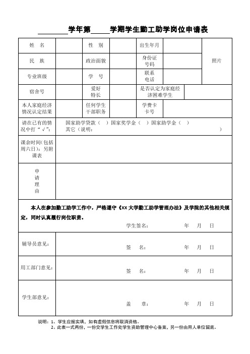 XX大学学生勤工助学岗位申请表