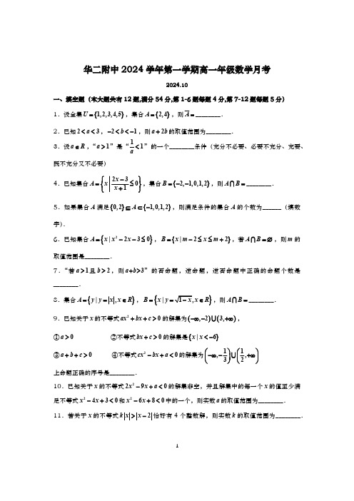 2024-2025学年上海华东师范大学二附中高一上学期数学月考试卷及答案(2024.10)(含答案)