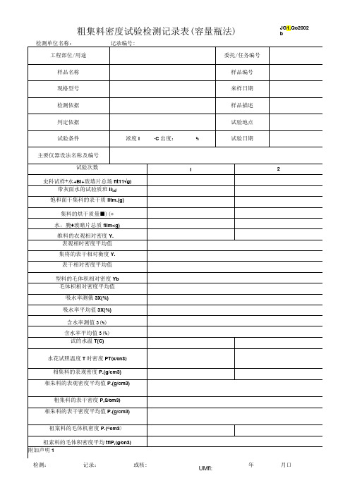 粗集料密度试验检测记录表(容量瓶法)