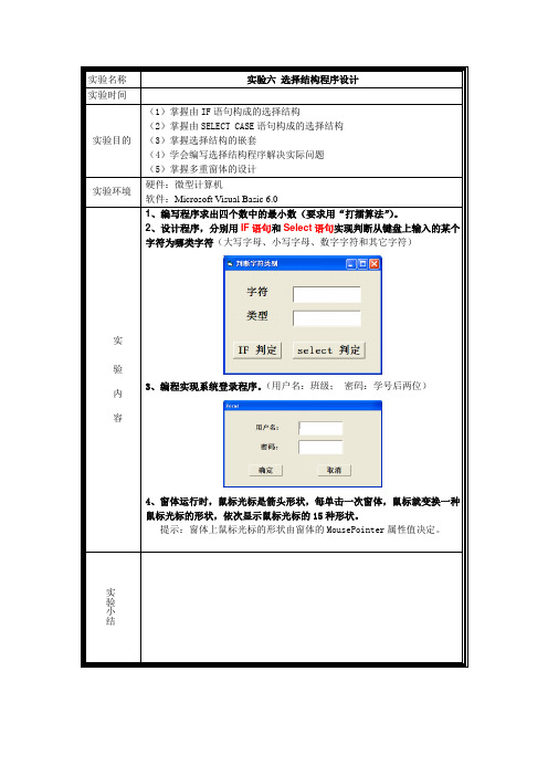 大学vb  实验作业6 选择结构程序设计