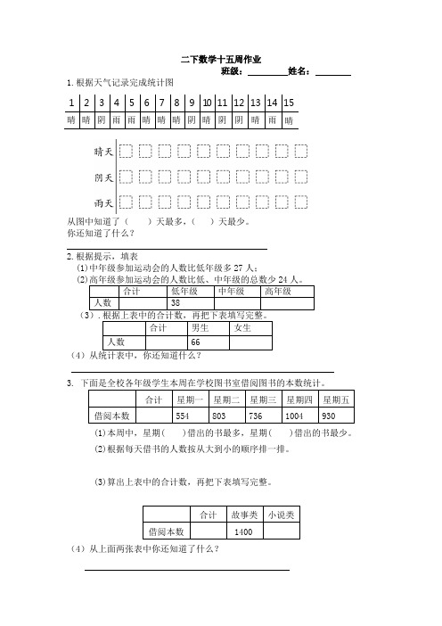 最新苏教版二下数学十五周作业