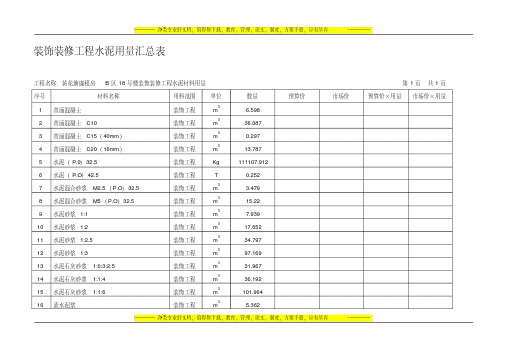 装饰装修工程水泥用量汇总表