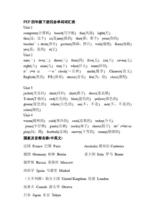 PEP四年级下册四会单词词汇表