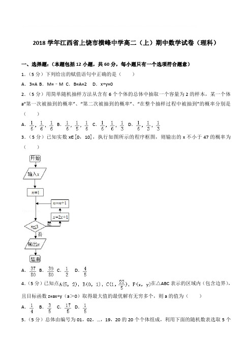 【精品】2018学年江西省上饶市横峰中学高二上学期期中数学试卷和解析(理科)