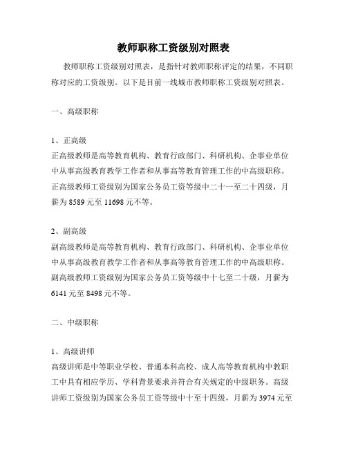 教师职称工资级别对照表