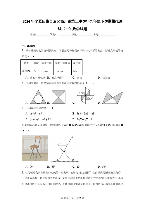 2024年宁夏回族自治区银川市第三中学年九年级下学期模拟测试(一)数学试题