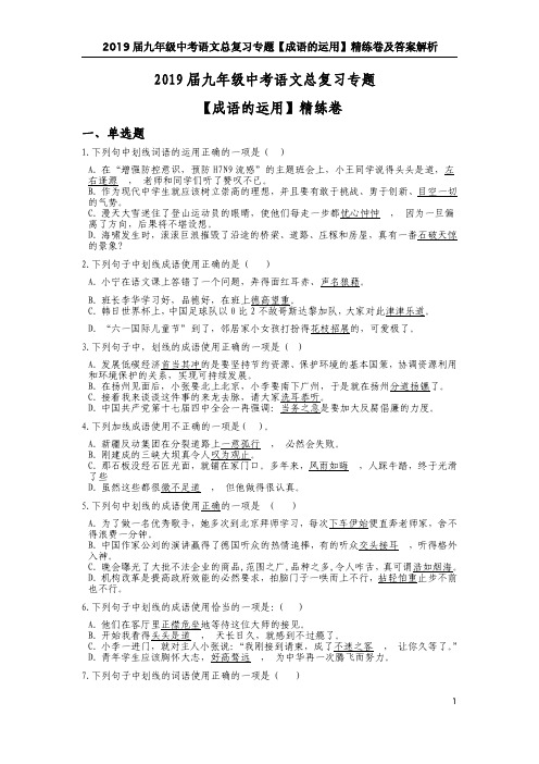 2019届九年级中考语文总复习专题【成语的运用】精练卷及答案解析