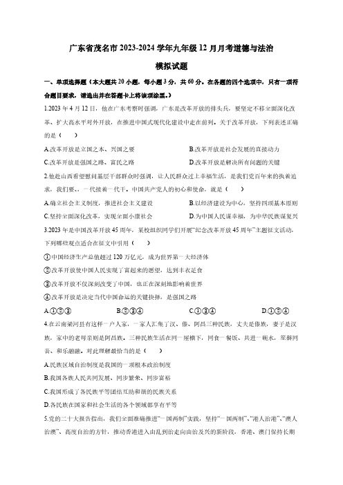 广东省茂名市2023-2024学年九年级12月月考道德与法治模拟试题(含答案)