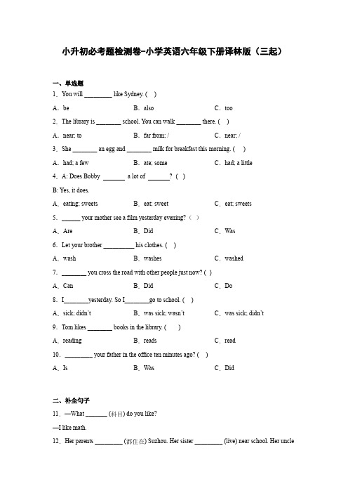 小升初必考题检测卷-小学英语六年级下册译林版(三起)