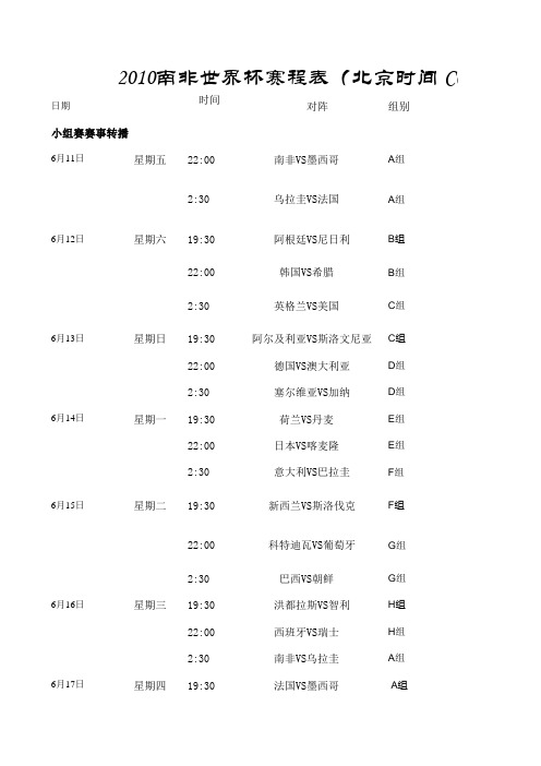 2010年FIFA世界杯赛程及直播表(WORLD CUP)