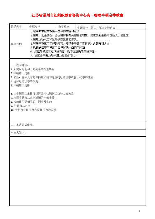 江苏省常州市红蚂蚁教育咨询中心高一物理 牛顿定律教案