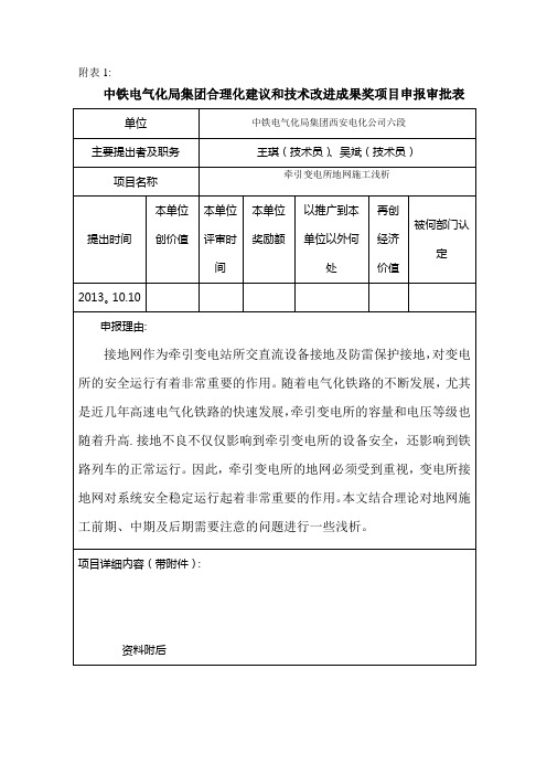 六段合理化建议和技术改进成果奖项目申报审批表