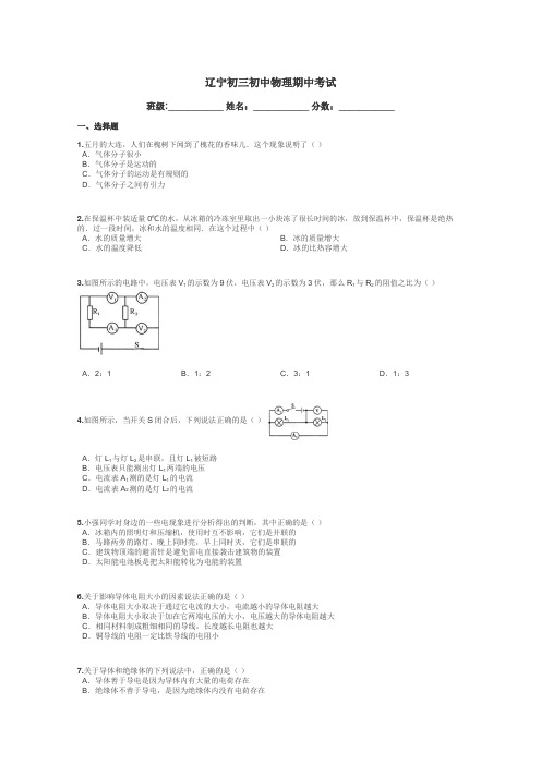 辽宁初三初中物理期中考试带答案解析
